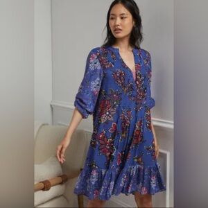 Anthropologie Diana Pintucked Tunic Dress, boho floral print, oversized S, EUC